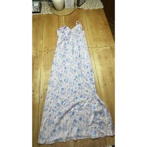 Wild Fable Purple Blue Floral Satin Maxi Slip Dress Ruched V-Neck Womens Size M‎